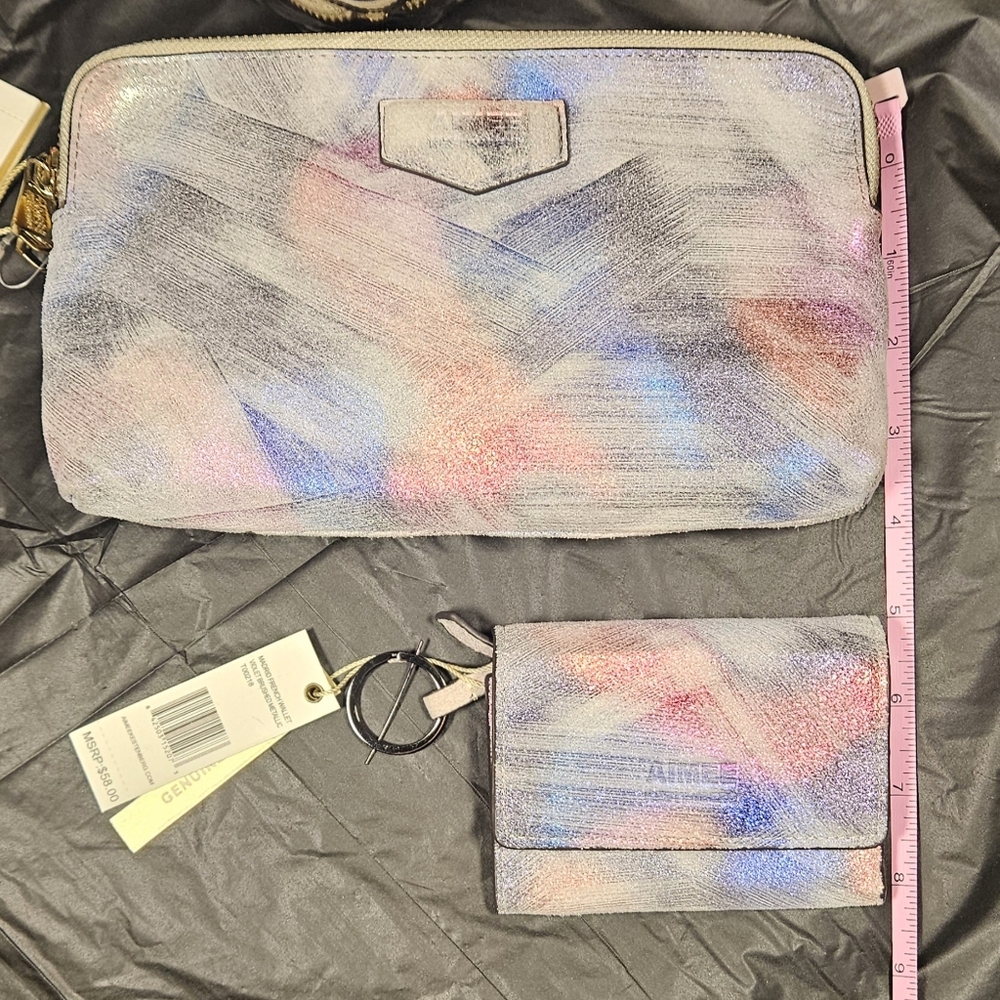 NWT Genuine Leather Wallet By Aimee K! Pastels In A  Metallic Brush - Picture 6 of 7